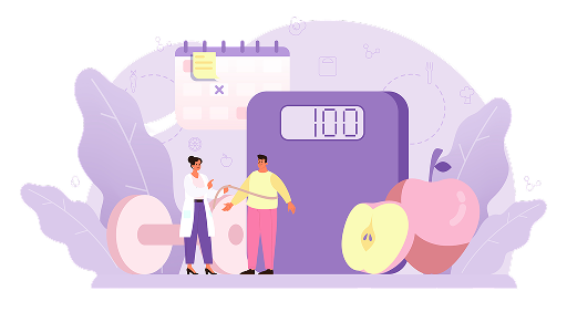 Illustration of a coach guiding a client on a weighing scale beside fresh fruit