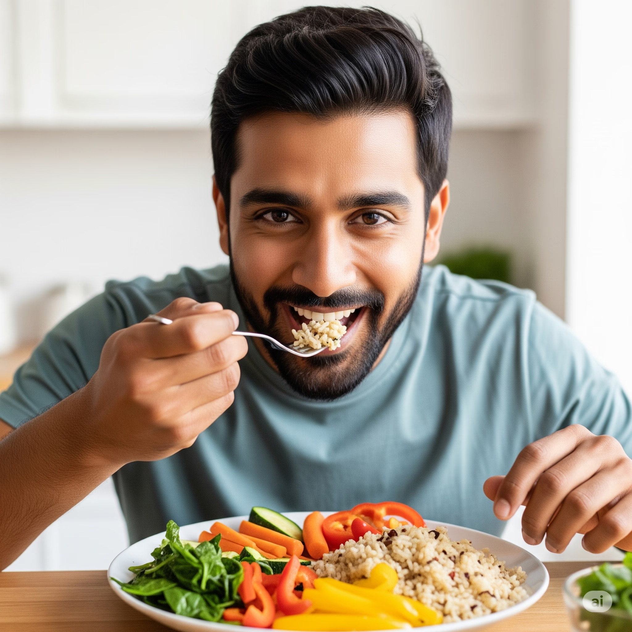 A man happily eating a plate of rice with fresh vegetables at his kitchen table