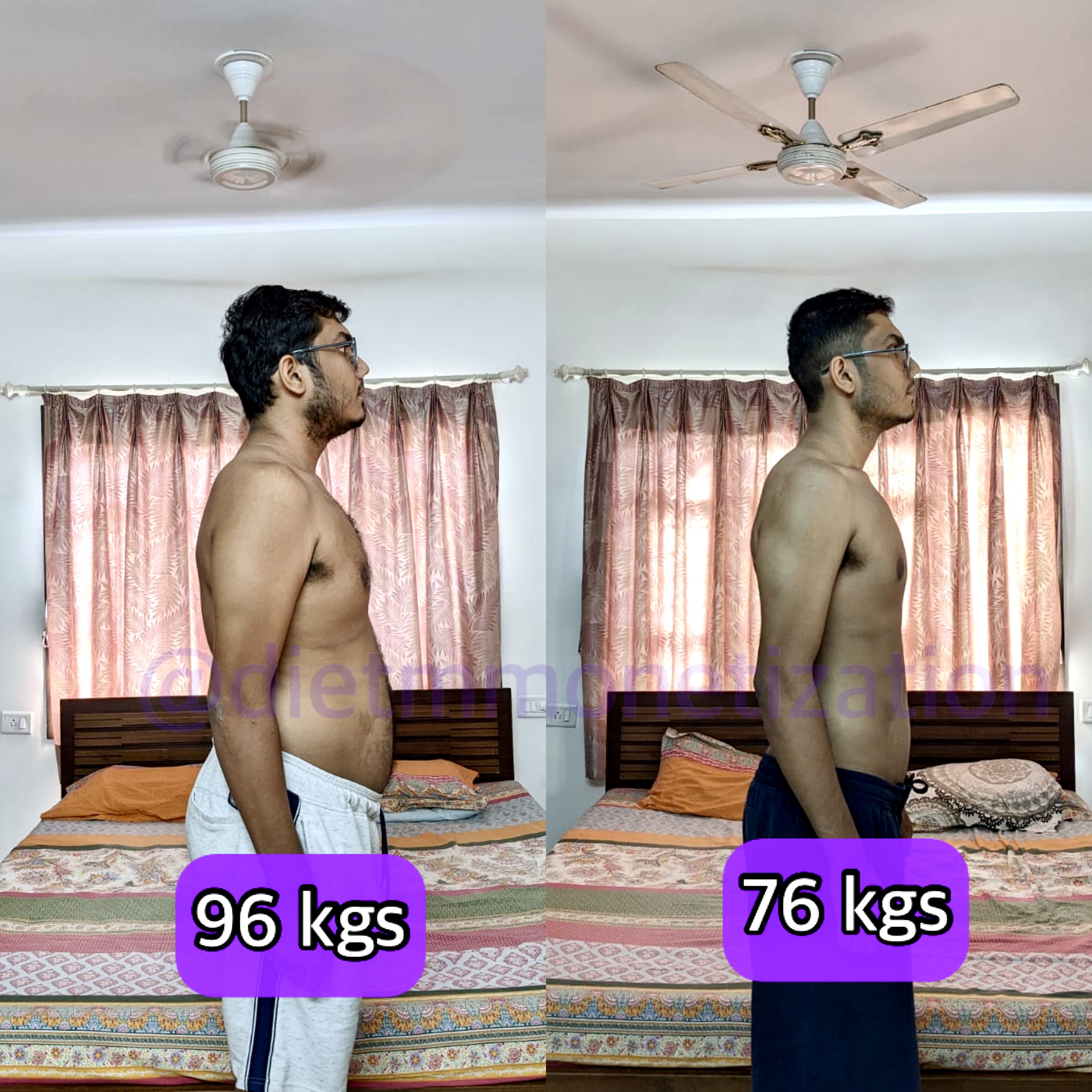 Pruthvi went from 96kgs to 76kgs, side profile