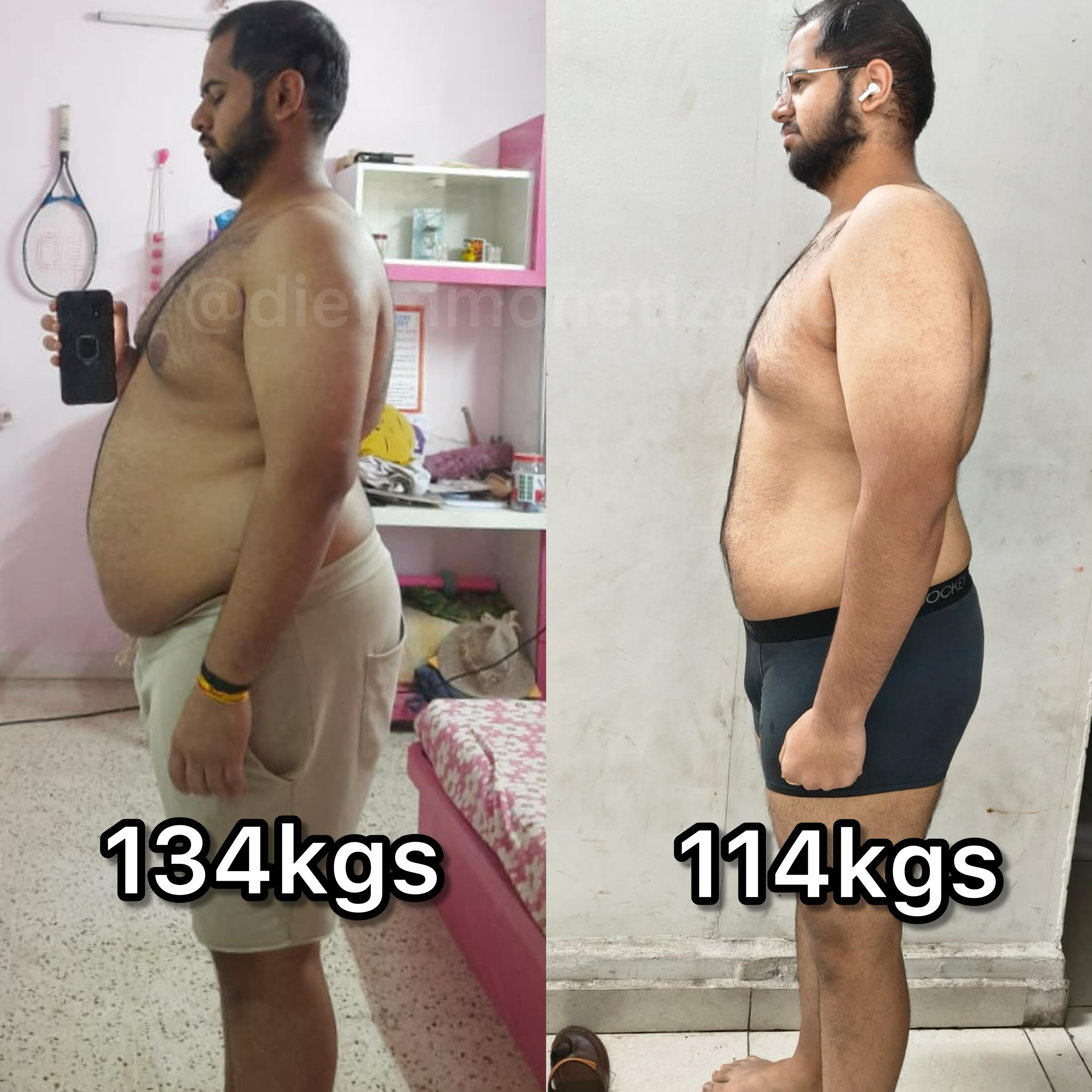 Client went from 134kgs to 114kgs, side profile